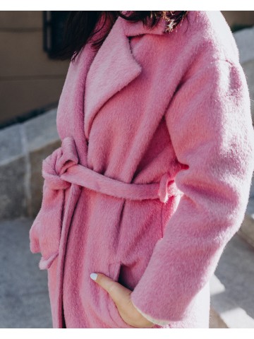 Довге жіноче пальто прямого крою з поясом 2 ґудзика, рожеве Довге жіноче пальто прямого крою з поясом 2 ґудзика, рожеве