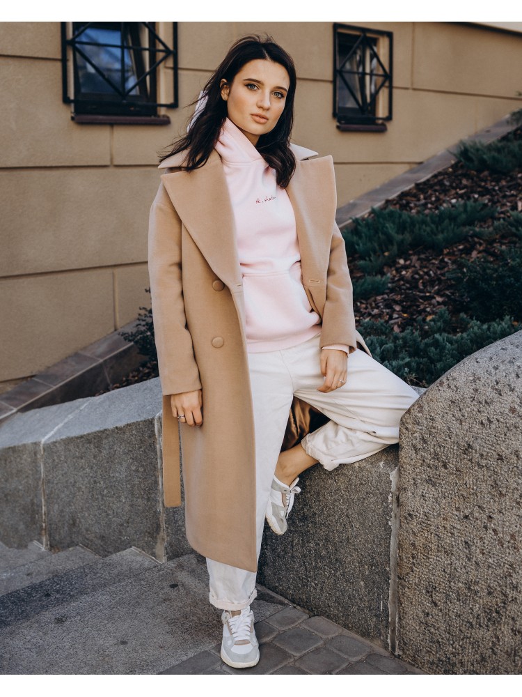 Довге жіноче пальто прямого крою з поясом 2 ґудзика, бежеве Довге жіноче пальто прямого крою з поясом 2 ґудзика, бежеве