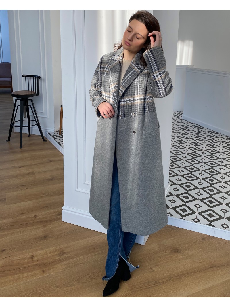Довге жіноче пальто двокольорове, світло-сіре клітинка