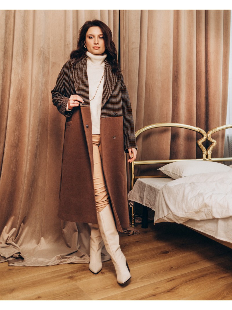 Довге жіноче пальто прямого крою з поясом 2 ґудзика, бежево-бордова клітинка