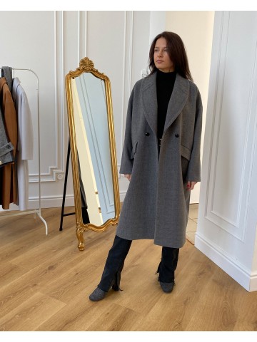 Жіноче пальто максі 2 ґудзика, сіра вовна Жіноче пальто максі 2 ґудзика, сіра вовна