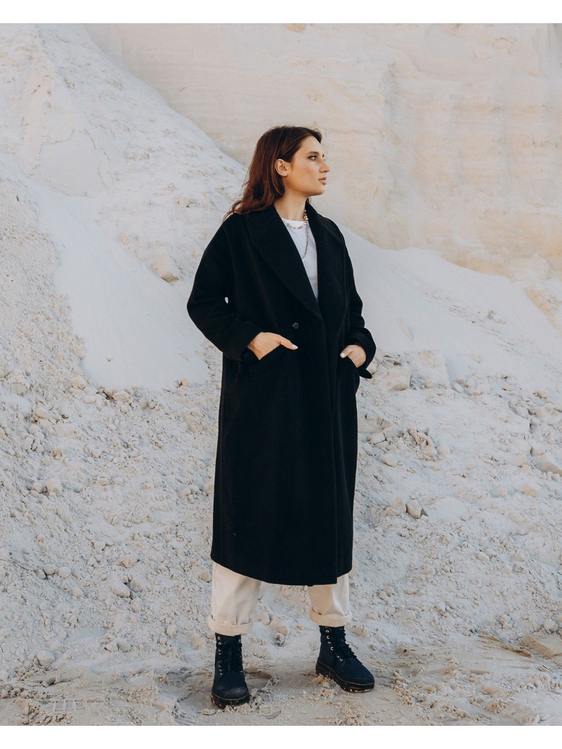 Жіноче пальто максі 2 ґудзика, чорне