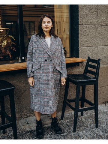 Жіноче пальто максі 2 ґудзика, сіра клітинка Жіноче пальто максі 2 ґудзика, сіра клітинка