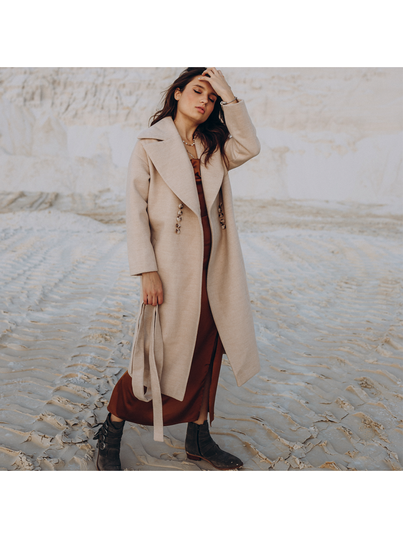 Довге жіноче пальто з поясом 10 ґудзиків , мармур