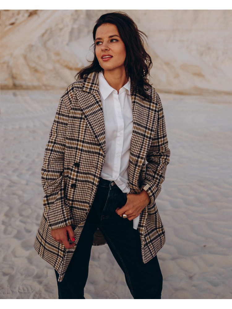 Жіноче пальто міді прямого крою 4 ґудзика, жовтка клітика