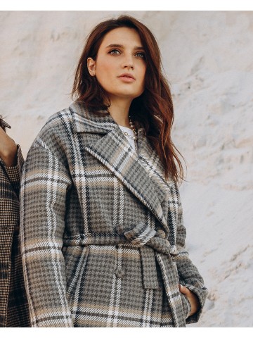 Довге жіноче пальто з поясом 4 ґудзика, сіро-жовта клітинка