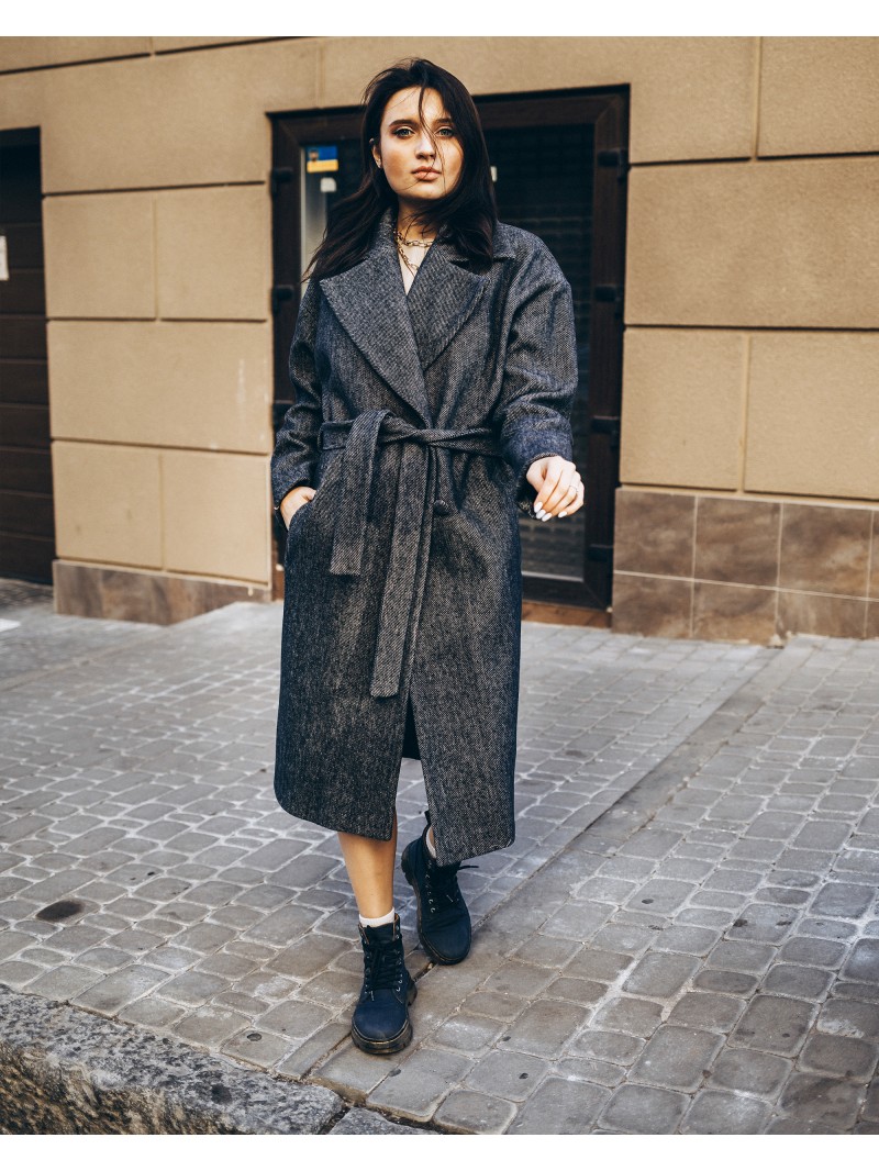 Довге жіноче пальто з поясом 4 ґудзика, денім