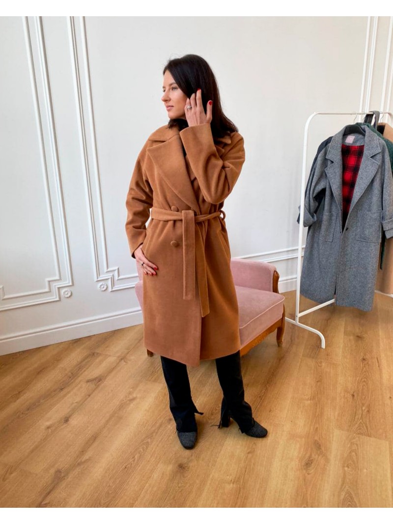 Довге жіноче пальто з поясом 4 ґудзика, рижий нюд