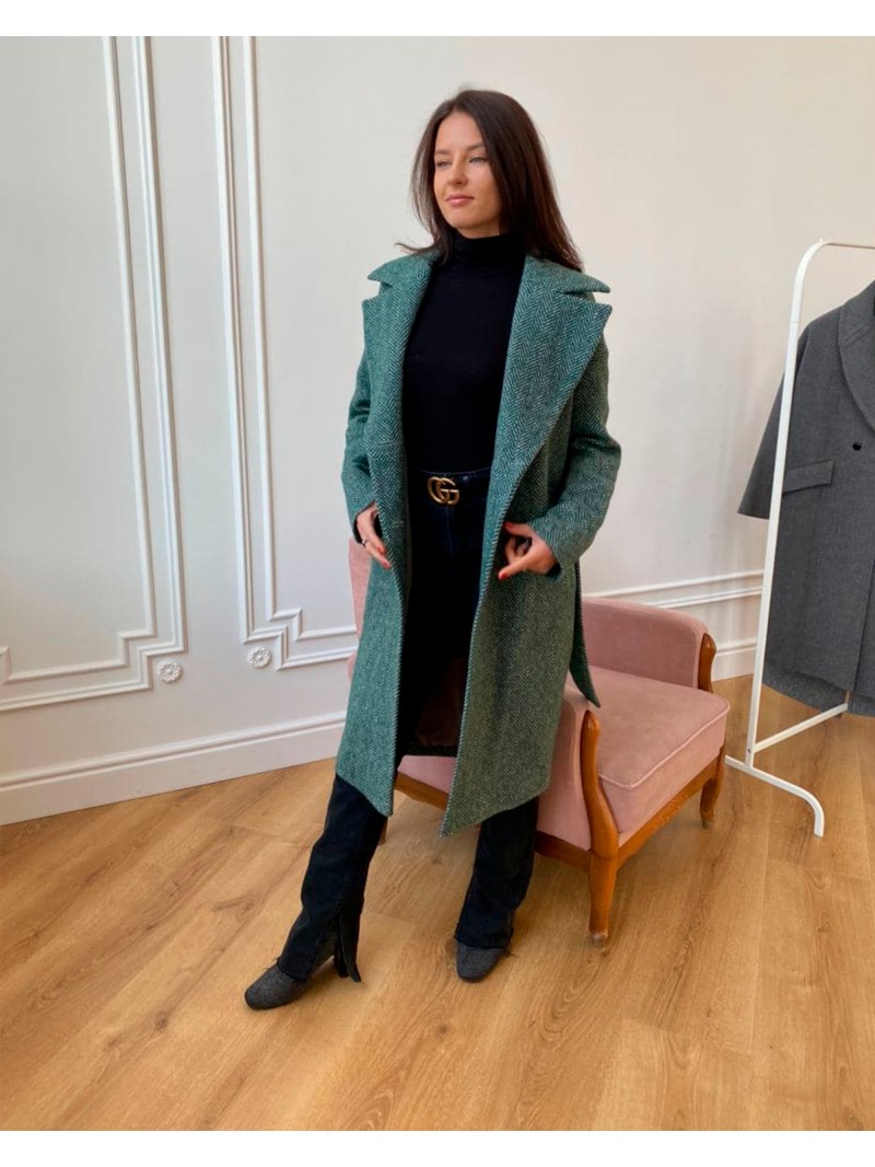 Довге жіноче пальто з поясом 4 ґудзика, ізумрудне / зеленя ялинка