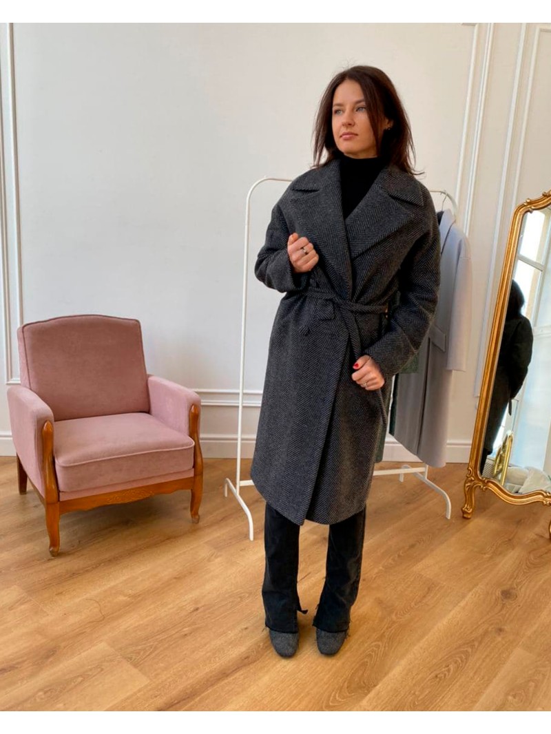 Довге жіноче пальто з поясом 4 ґудзика, сіра ялинка