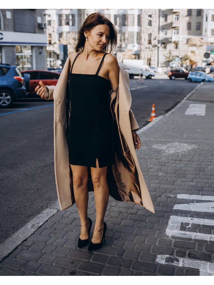 Довге пальто прямого крою з кокеткою 4  гудзика, бежеве, з вставкою в клітинку Довге пальто прямого крою з кокеткою 4  гудзика, бежеве, з вставкою в клітинку