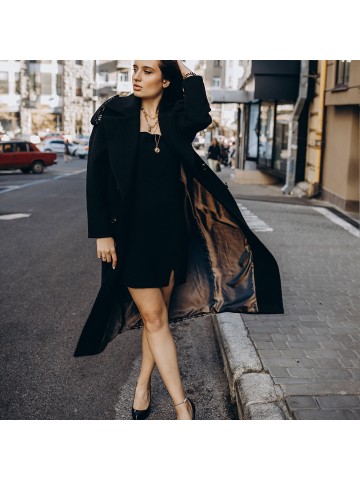 Довге пальто прямого крою з кокеткою 4  гудзика, чорне, з вставкою в клітинку