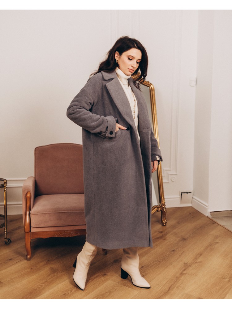 Жіноче пальто максі зі шлейками 2 ґудзика, сіре