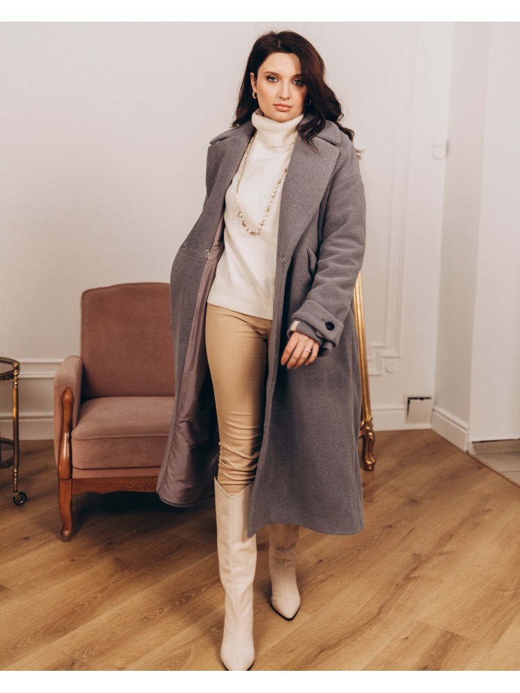 Жіноче пальто максі зі шлейками 2 ґудзика, сіре