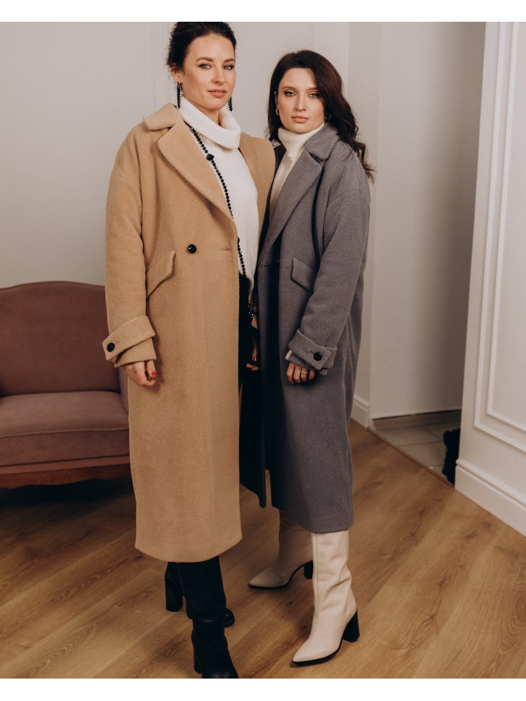 Жіноче пальто максі зі шлейками 2 ґудзика, сіре