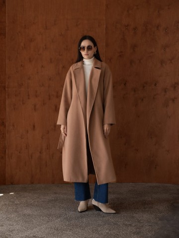 Пальто-халат "Signature" двобортне з поясом, оверсайз, кемел Пальто-халат "Signature" двобортне з поясом, оверсайз, кемел