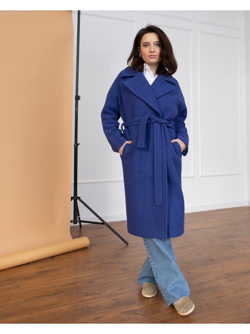 Довге жіноче пальто з поясом 4 ґудзика, синя вовна