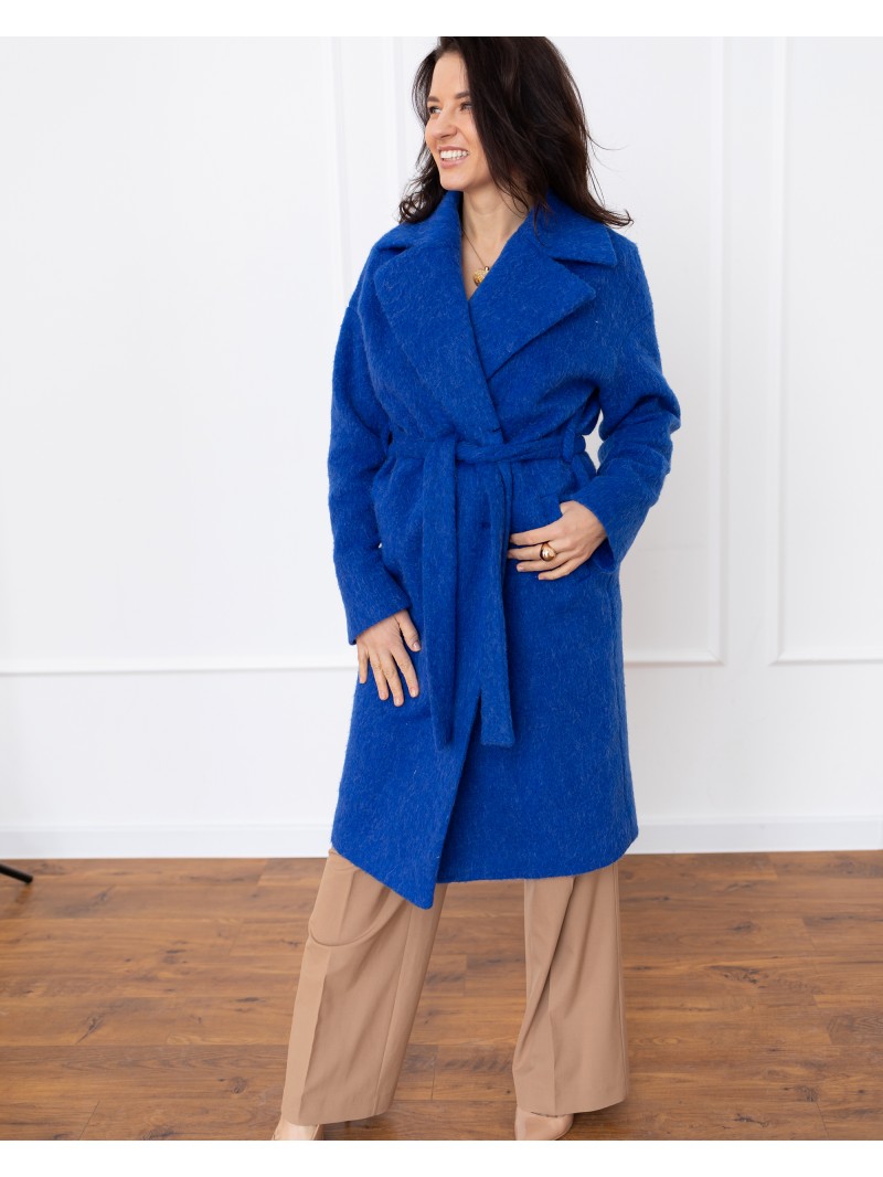 Довге жіноче пальто з поясом 4 ґудзика, синє довговорсове