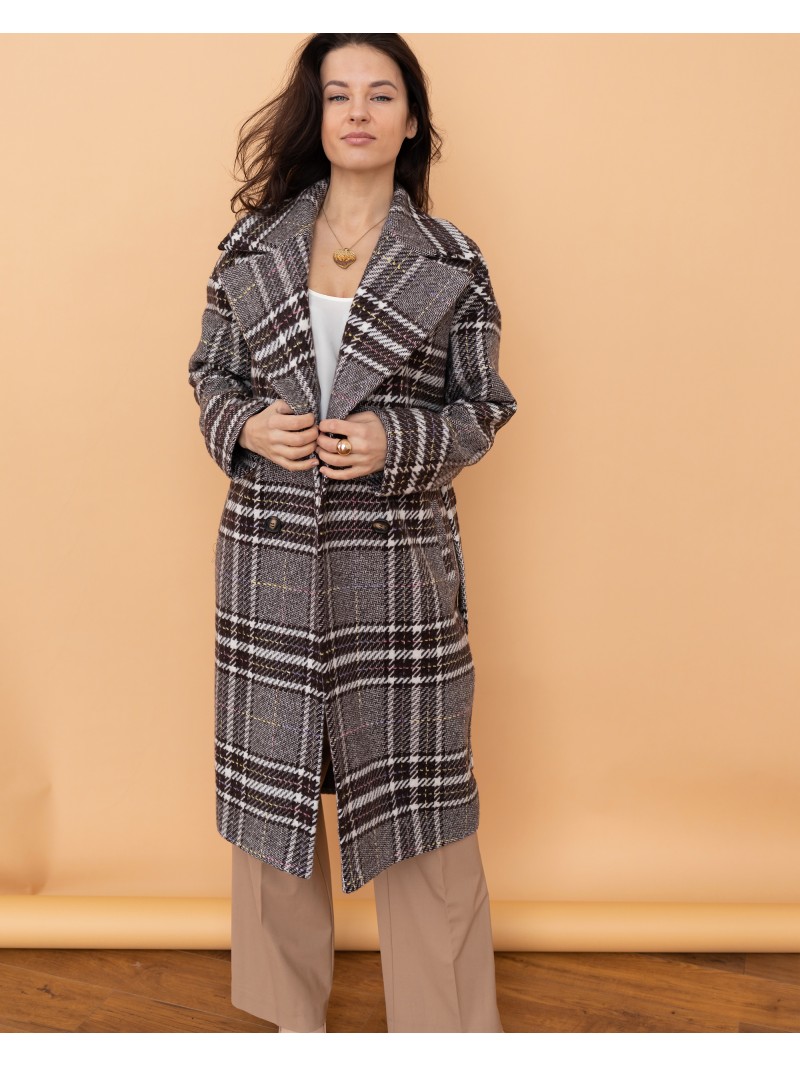 Довге жіноче пальто з поясом 4 ґудзика, різнокольорова клітинка