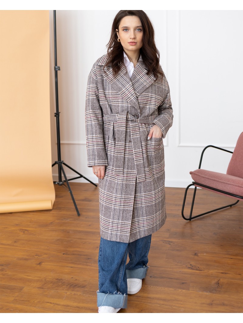 Жіноче пряме пальто з накладними кишенями, сіра клітинка