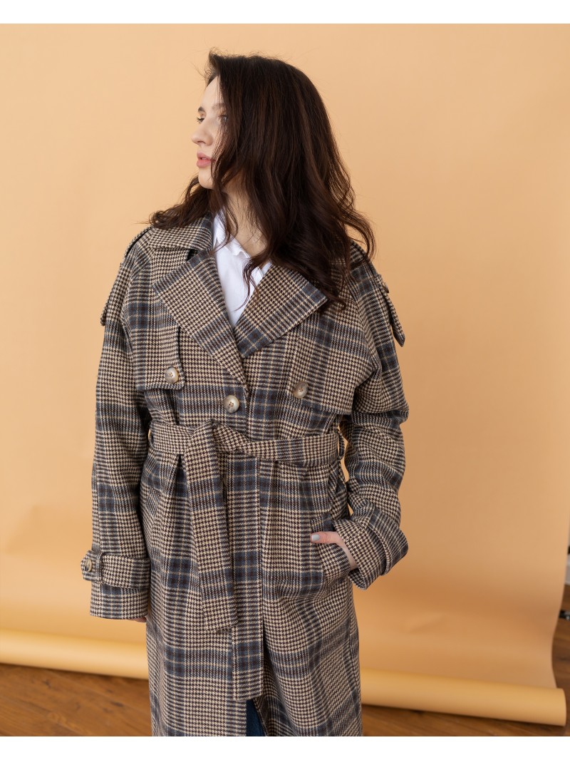 Жіночне пальто з клапаном, коричнева клітинка