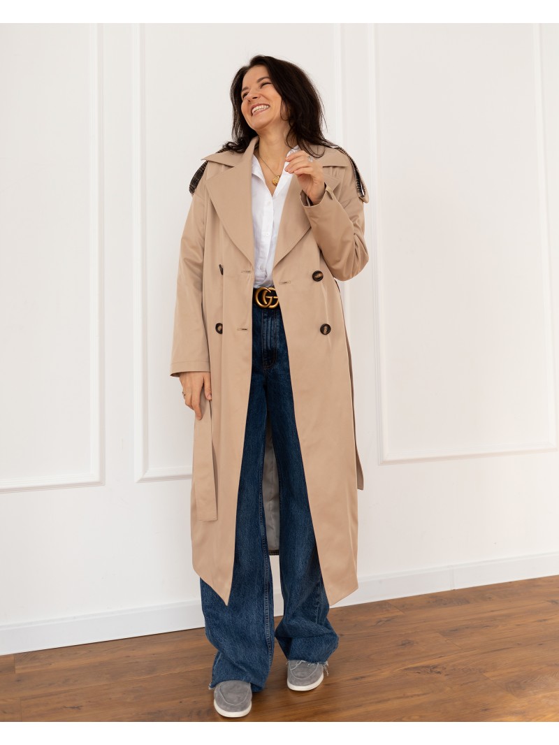 Довгий тренч з поясом, нюдовий з коричневою клітинкою