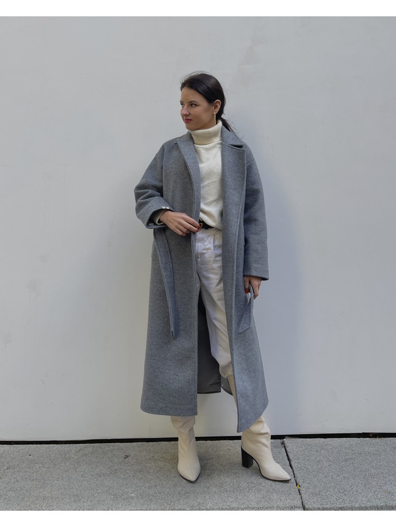 Пальто-халат двубортне з поясом, сіре