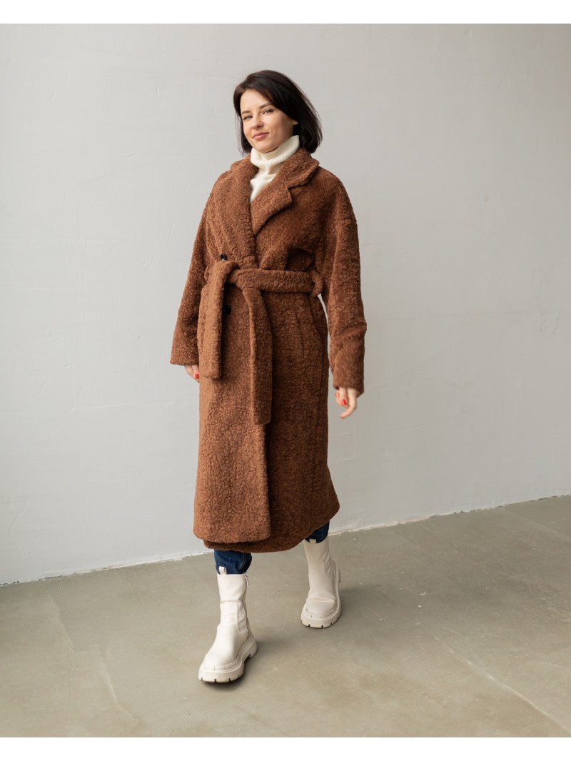 Пальто-шуба довга з поясом, коричнева