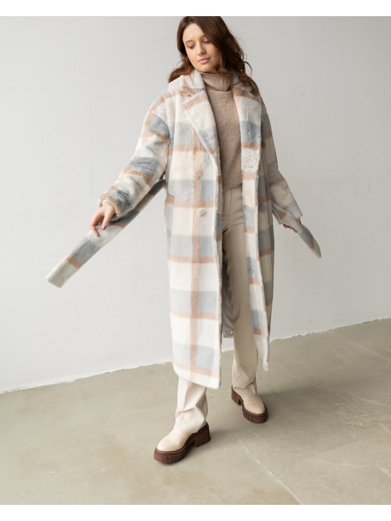 Довге вовняне пальто з поясом у нюдову клітинку, світло-нюдова клітинка