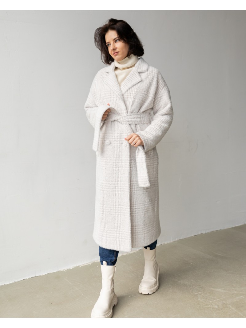 Довге вовняне пальто з поясом у нюдову клітинку, нюдова клітинка