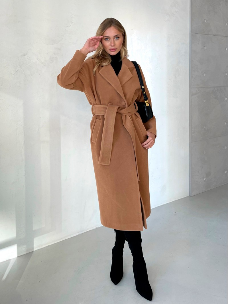 Довге двубортне пальто з поясом рушчним клапаном, темний кемел