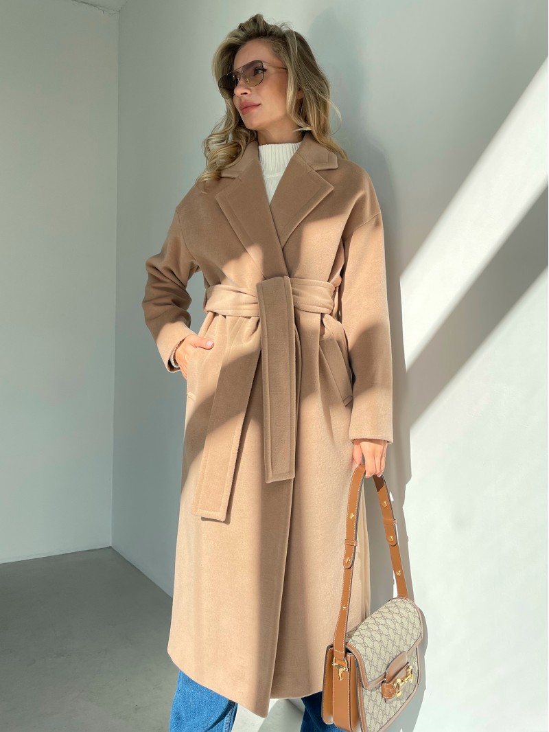 Довге двубортне пальто з поясом 4 ґудзика, кемел