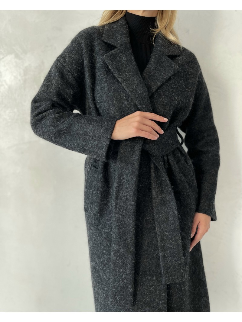 Довге двубортне пальто з поясом 4 ґудзика, чорне ворсове