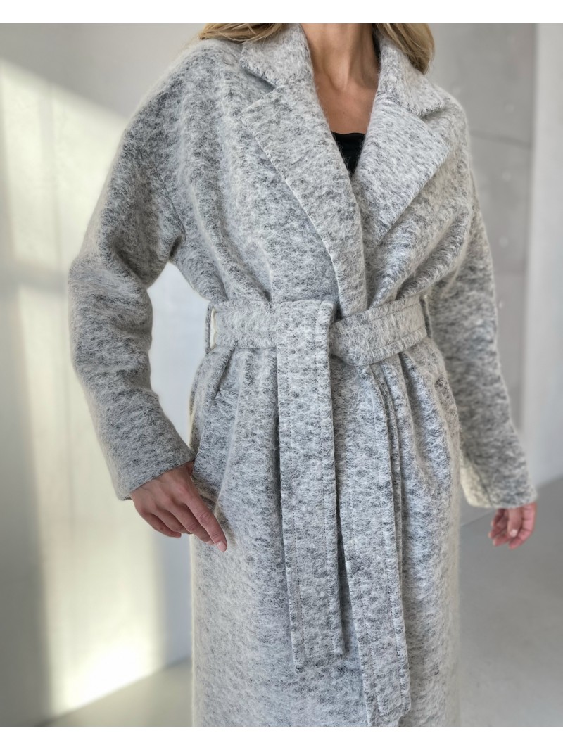 Довге двубортне пальто з поясом 4 ґудзика, світло-сіре ворсове