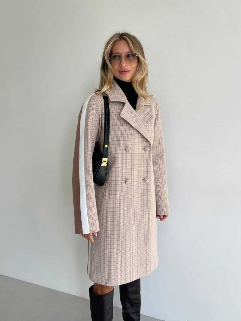 Пальто міді трикольорове, бежева клітинка - темний кемел