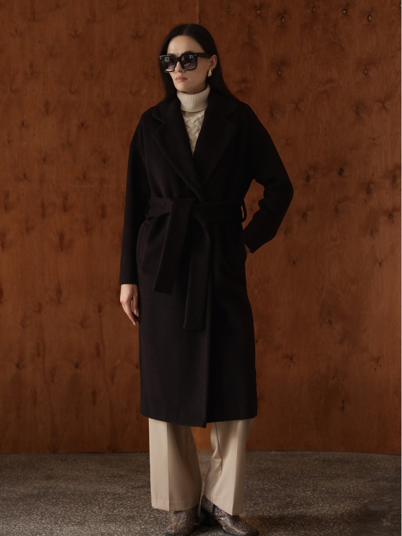 Довге пальто з поясом, темний шоколад