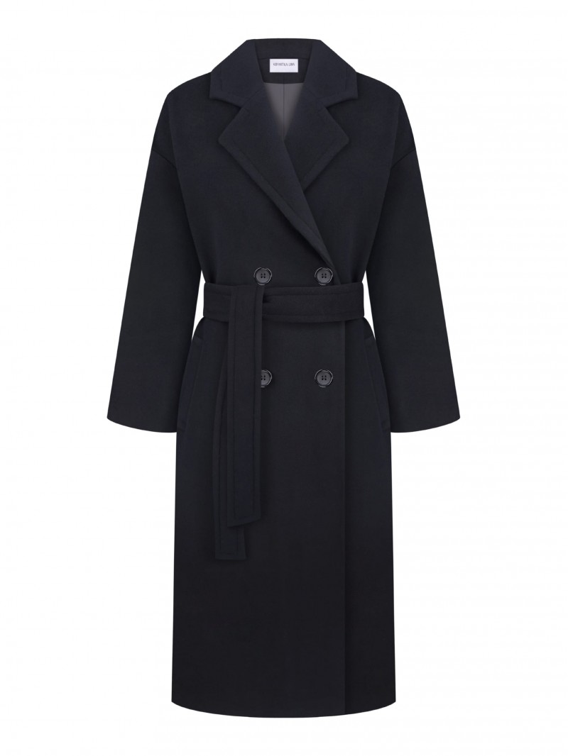 Довге пальто з поясом, чорне