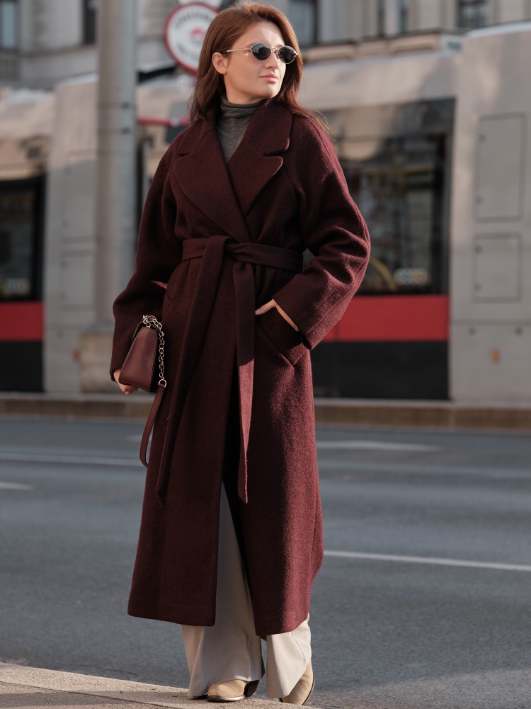 Двобортне довге пальто вільного крою, бордо