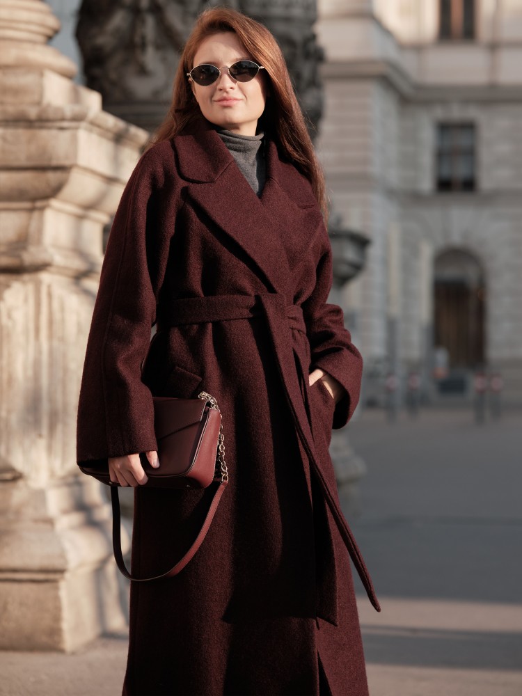 Двобортне довге пальто вільного крою, бордо