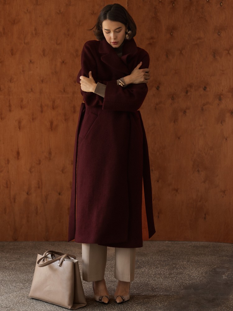 Двобортне довге пальто вільного крою, бордо
