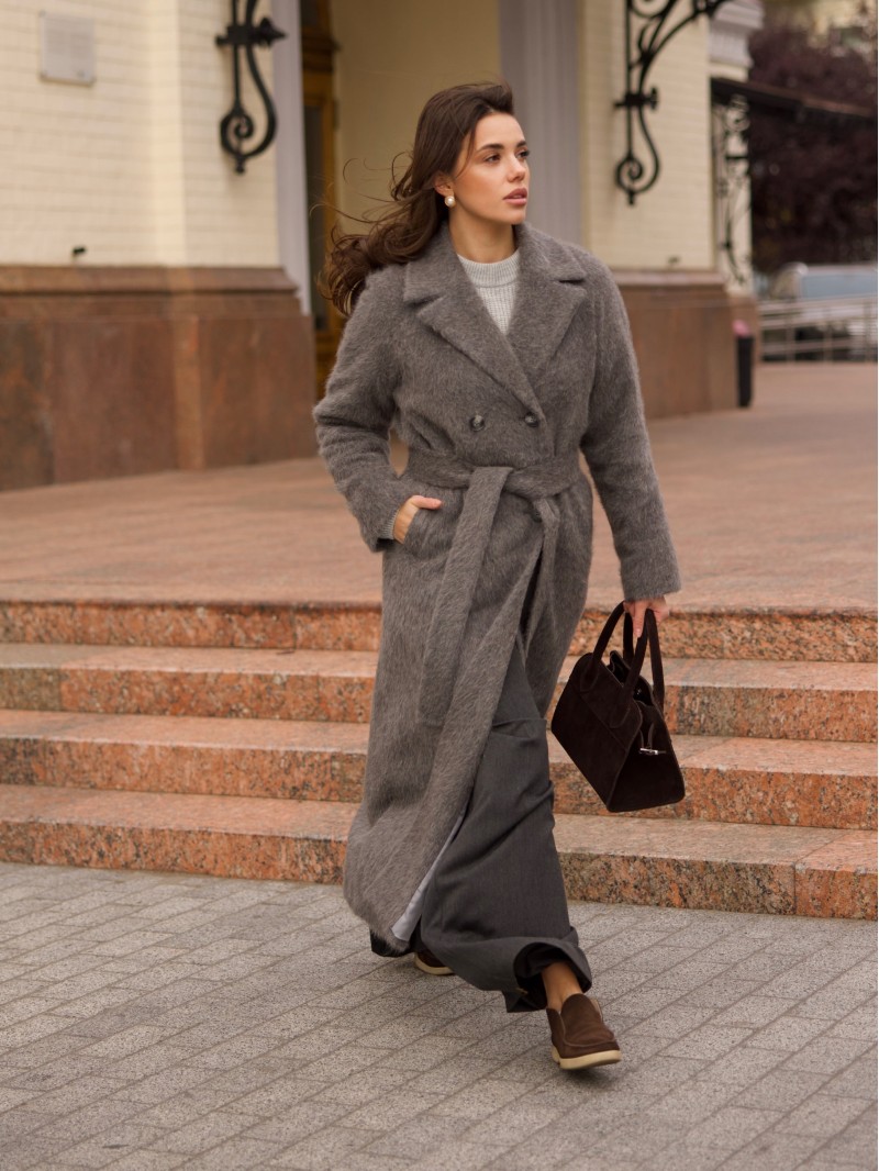 Пальто максі ворсове, сірий