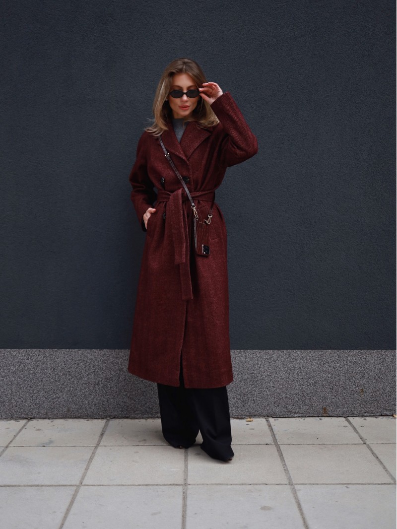 Пальто максі в ялинку, бордо