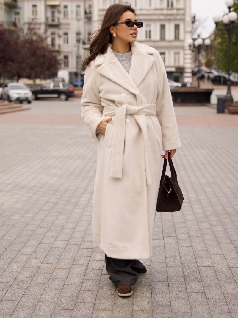 Пальто максі хутряне, молочний