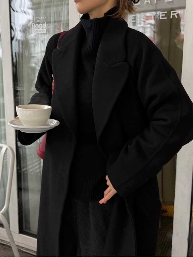 Двобортне довге пальто вільного крою, чорний