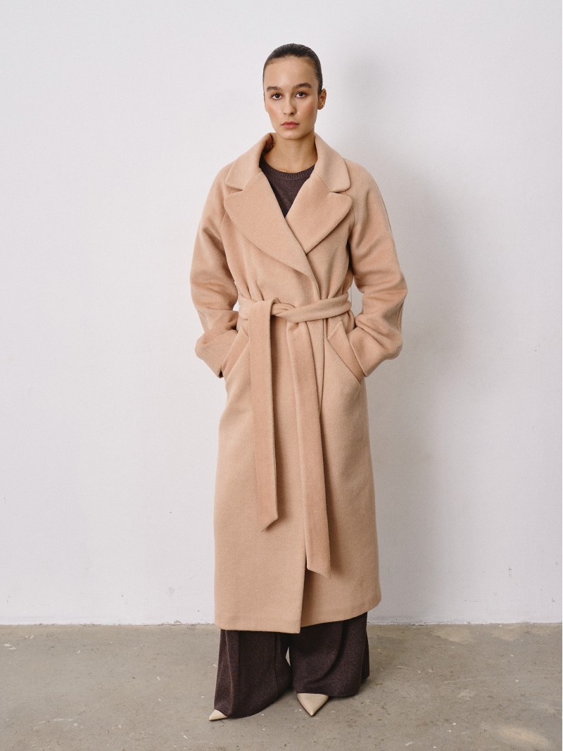 Двобортне довге пальто вільного крою, бежевий