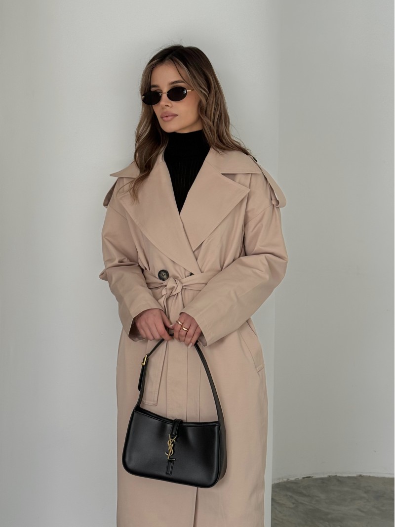 Довгий тренч з поясом, бежевий