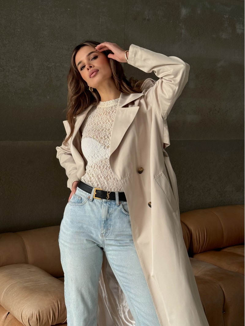 Довгий тренч з поясом, молочний