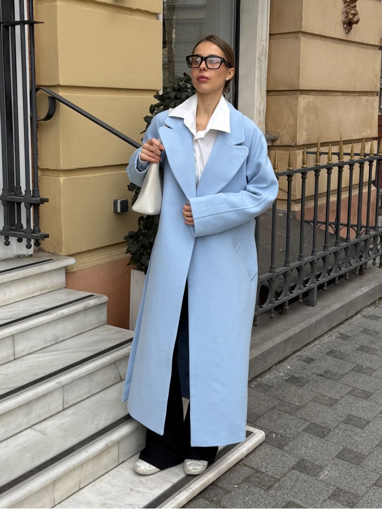 Двобортне довге пальто з обробною стрічкою, блакитне