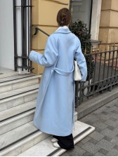 Двобортне довге пальто з обробною стрічкою, блакитне