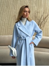 Двобортне довге пальто з обробною стрічкою, блакитне